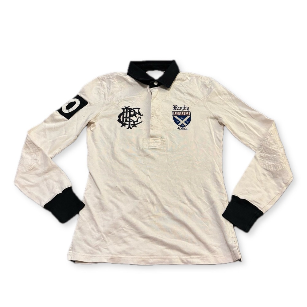 Rugby Ralph Lauren Mens Long Sleeve Polo Shirt Cream Black RLFC 10 Small